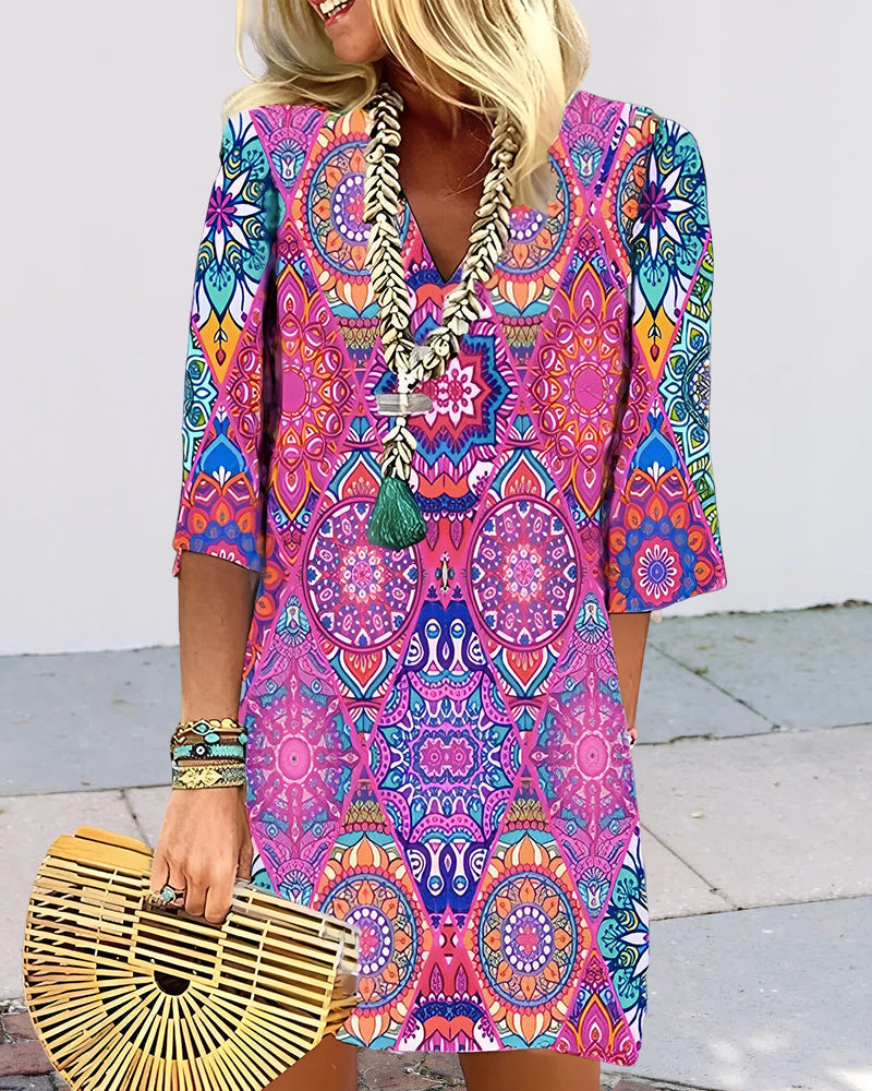 Robe à manches 3/4 à imprimé géométrique