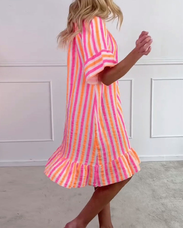 Robe Col Rond Rayée Plissée Coupe Droite