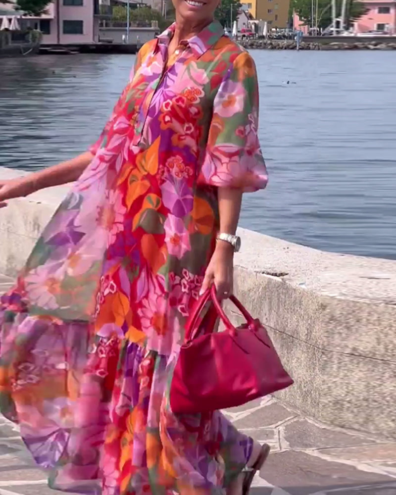 Robe Colorée Imprimée Manches Lanterne Ample