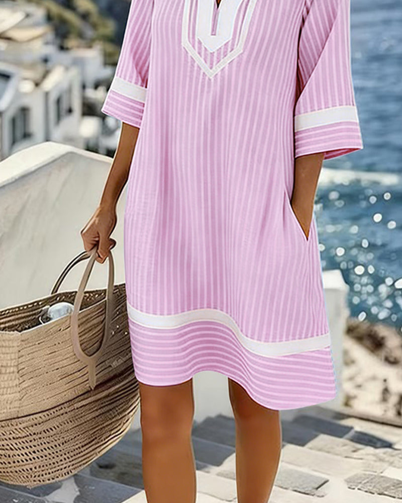 Robe Col V Manche Courte Rayé