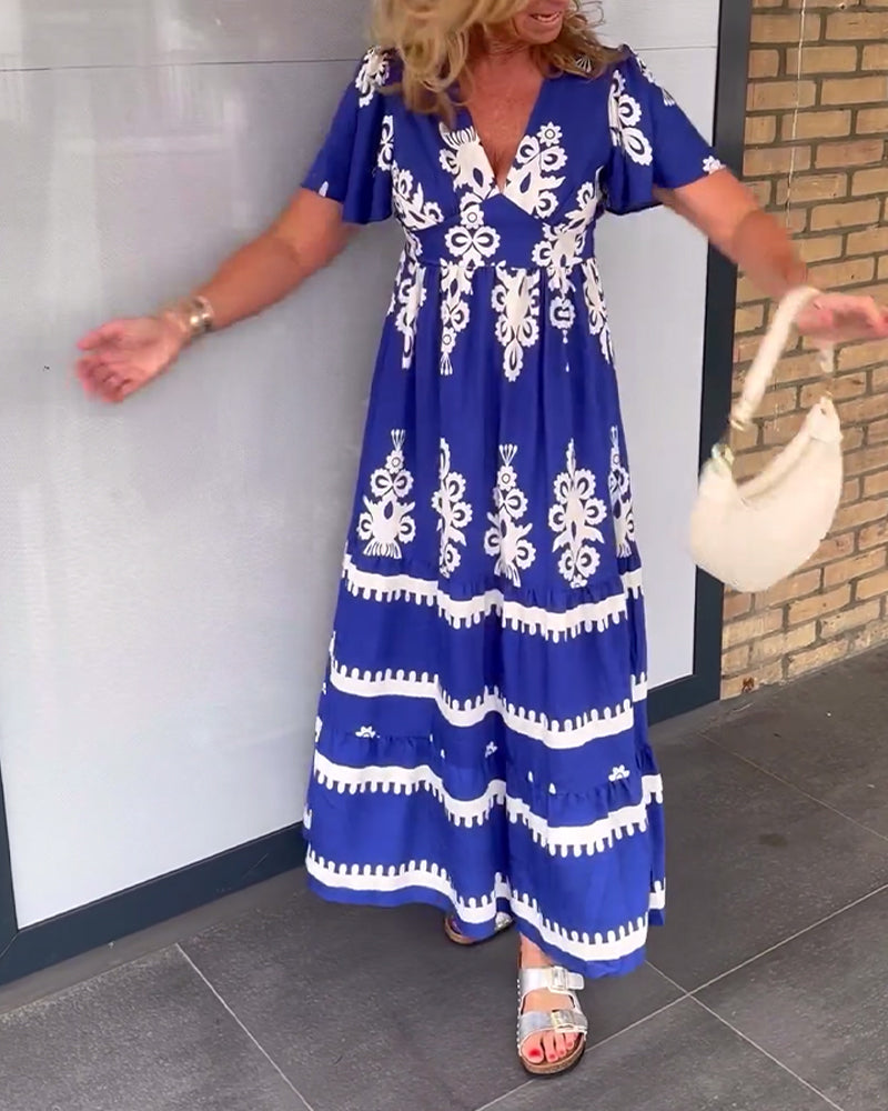 Robe longue élégante à col en V imprimé vintage