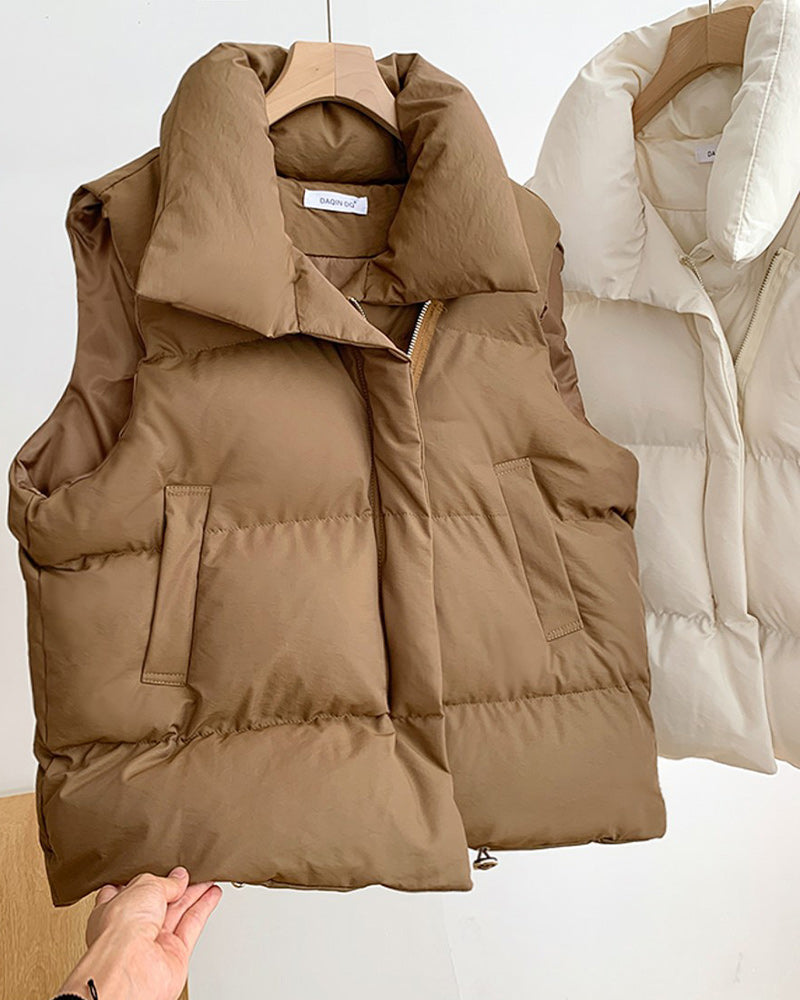 Veste matelassée simple sans manches avec poche zippée de couleur unie