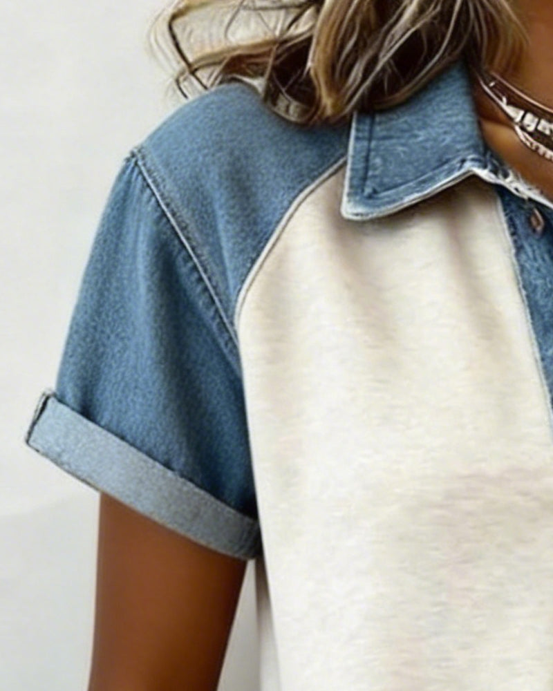 T-Shirt Denim Couleur Bloc Court Manche