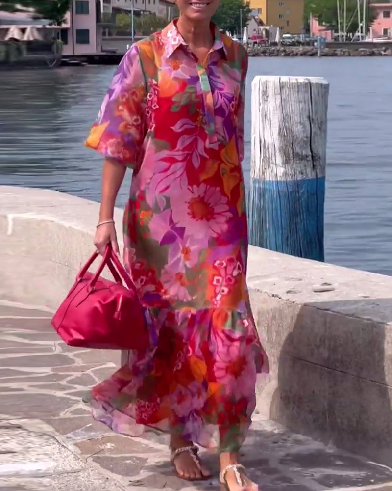 Robe Colorée Imprimée Manches Lanterne Ample