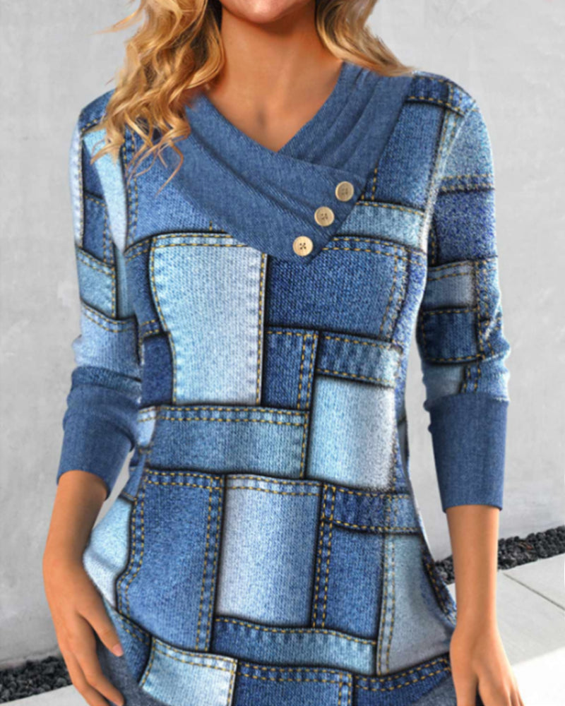 Blouses à carreaux bleus avec col incliné