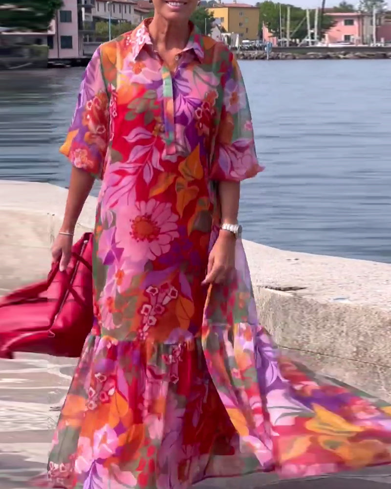 Robe Colorée Imprimée Manches Lanterne Ample