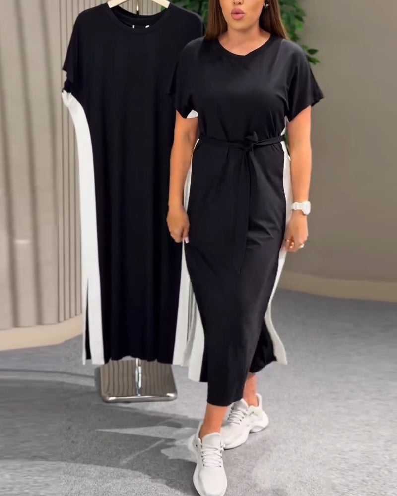 Robe Col Rond Patchwork Manches Courtes