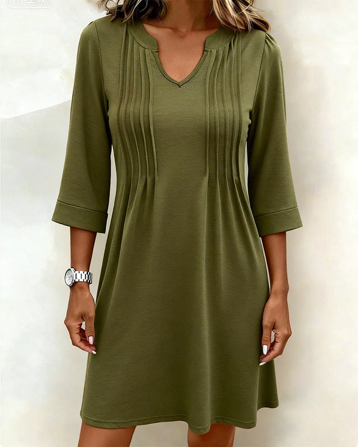 Robe Demi-Manches Plissée Ourlet A Col V