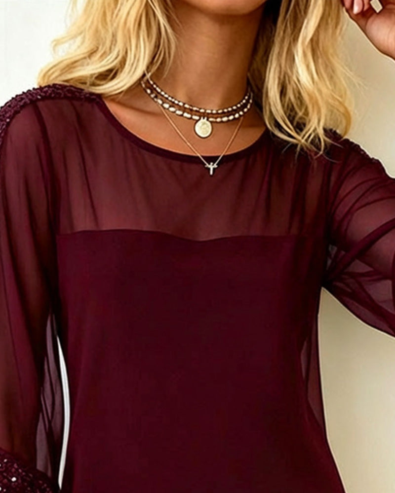 Robe Pailletée Panneaux Maille Col Rond