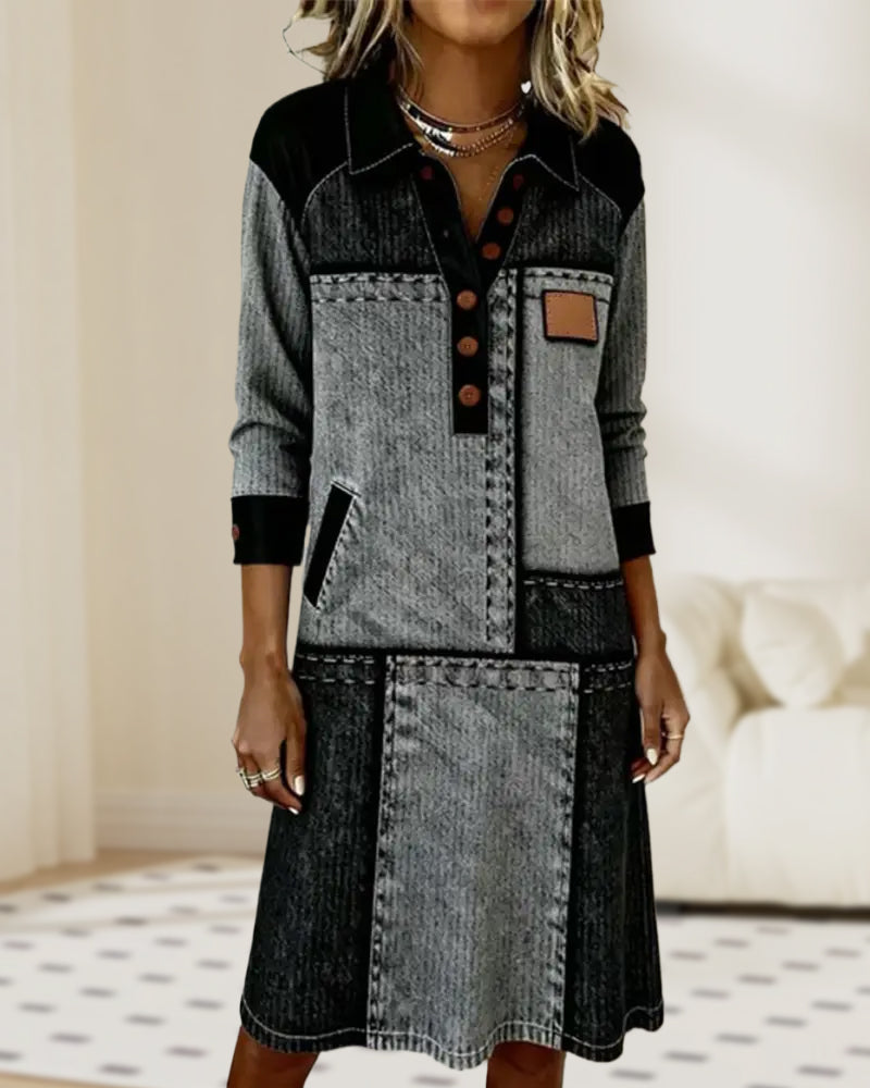 Robe Bouton Revers Col V Bloc de Couleur Tendance