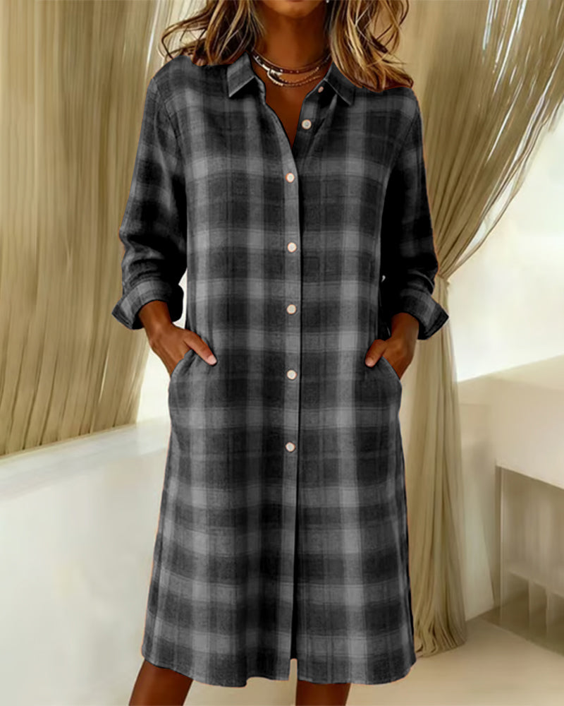Robe Chemise À Carreaux Col Revers Boutonnée