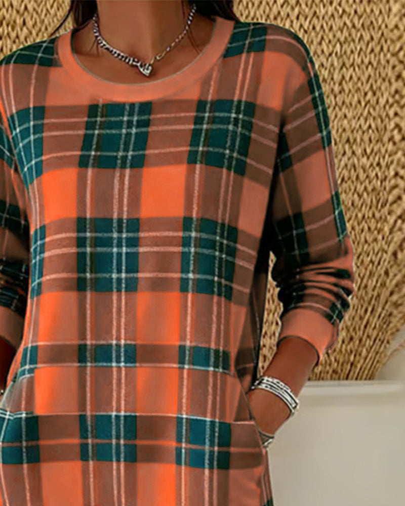 Robe À Manches Longues Sweat À Carreaux