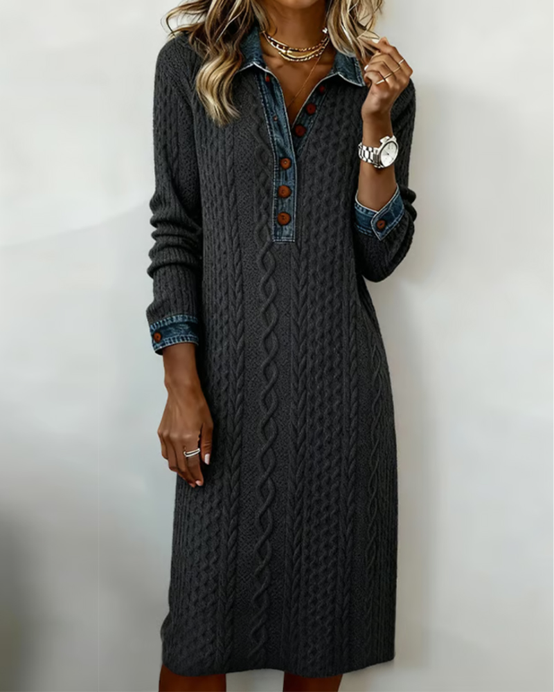 Robe À Col En Jean, Motif Torsadé Et Patchwork