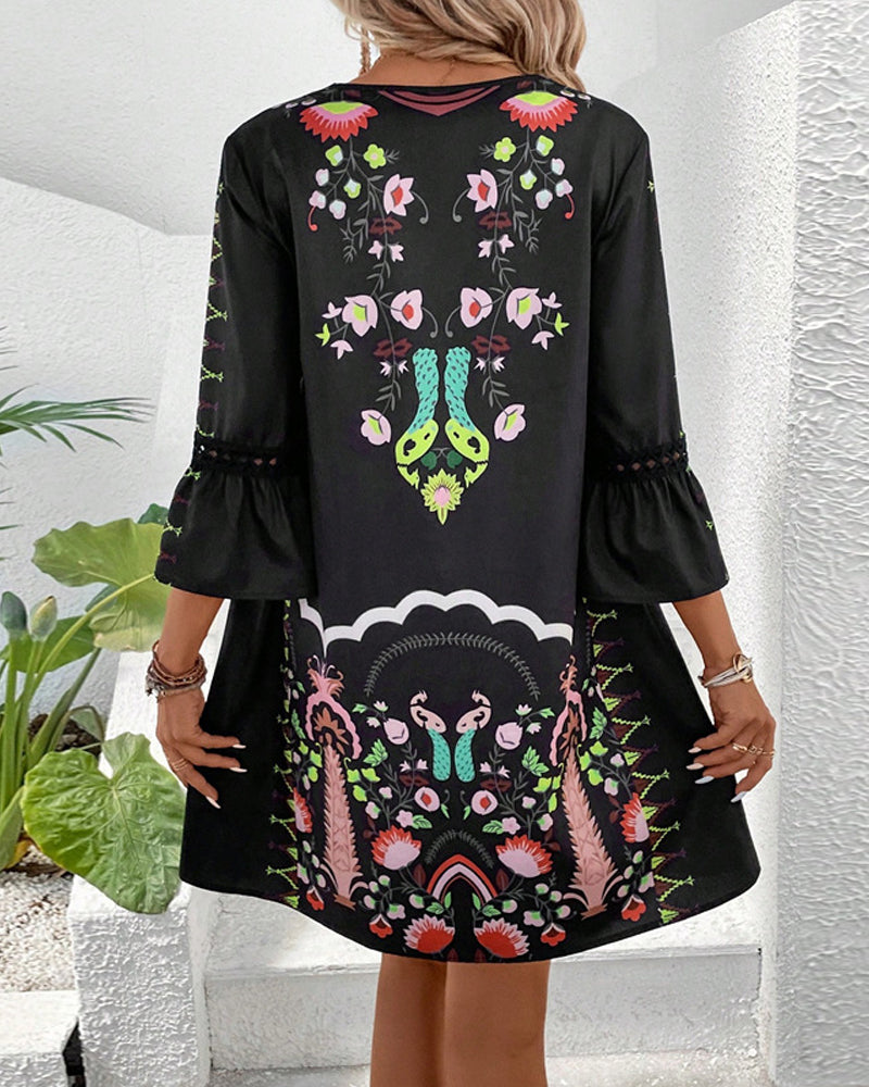 Robe Encolure En V Broderie De Dentelle Décontracté Polyvalent Imprimé