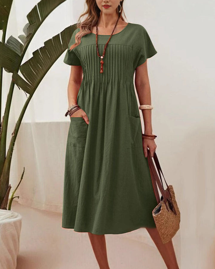 Robe Plissée Manches Courtes Coton Et Lin