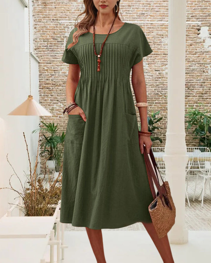 Robe Plissée Manches Courtes Coton Et Lin
