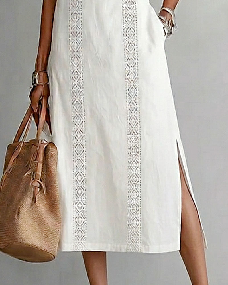 Robe Sans Manches Dentelle Patchwork Lin Coton Midi