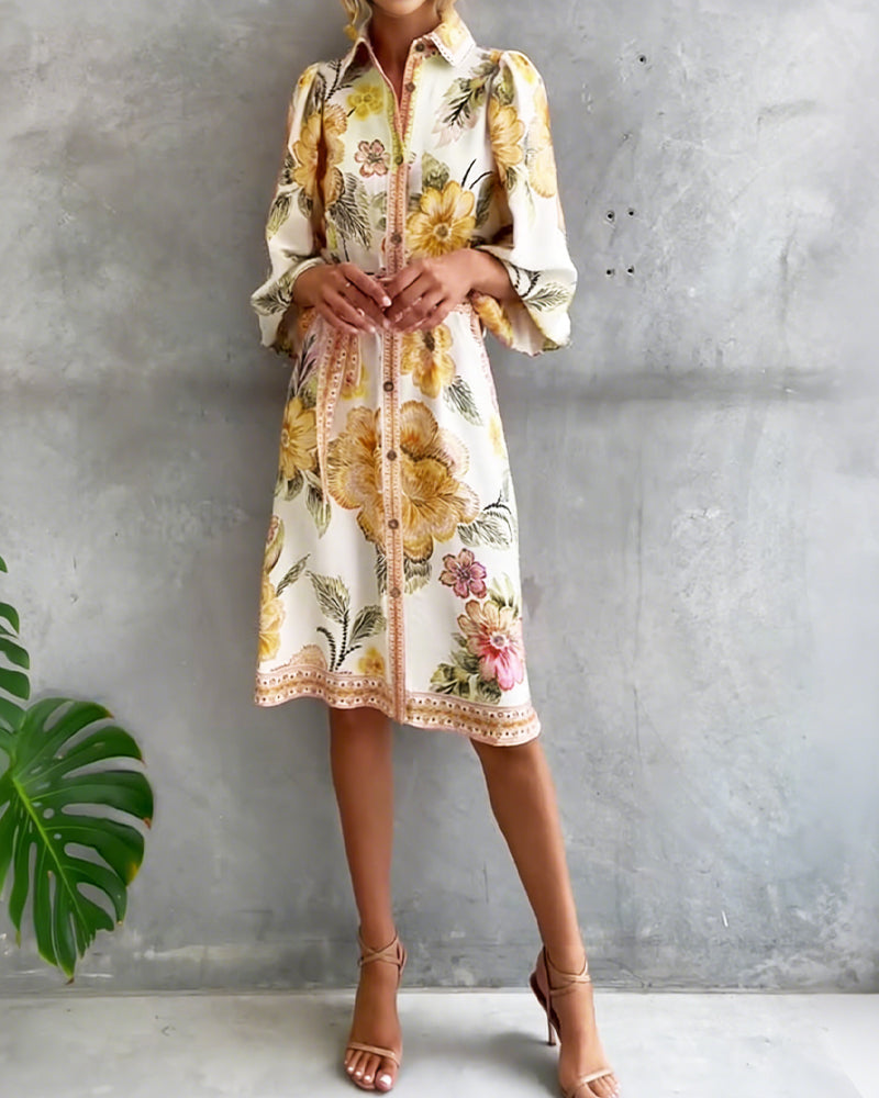 Robe Française Manchon Col Cranté Imprimé