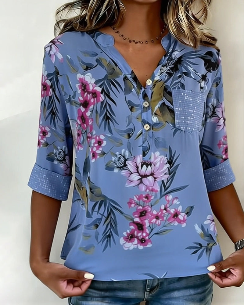 Blouse Col V Sequins Floral