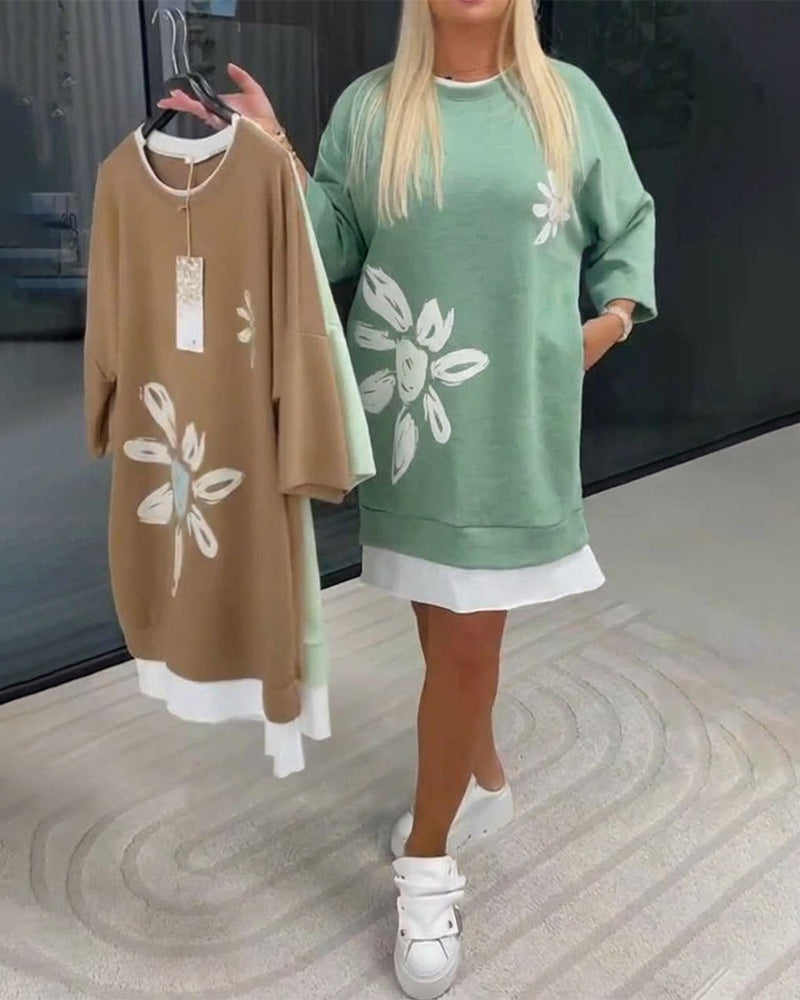 Robe Sweatshirt Col Rond Imprimé Patchwork