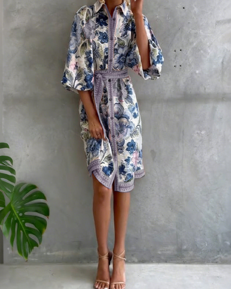 Robe Française Manchon Col Cranté Imprimé