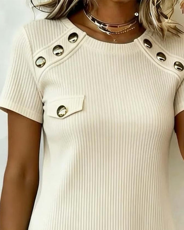 Robe Élégante Col Rond Boutonnée Droite