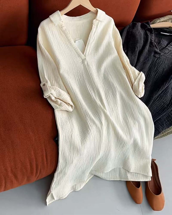 Robe Manches Longues Unie Simple Col Revers