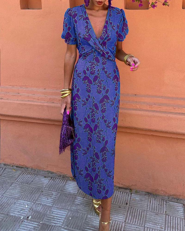 Robe trapèze élégante à manches bouffantes en V profond et imprimé feuilles