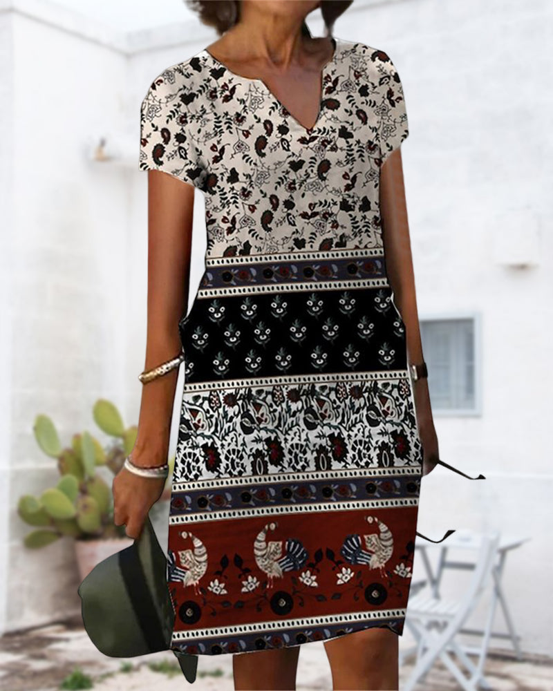 Robe col V avec imprimé bloc de couleur