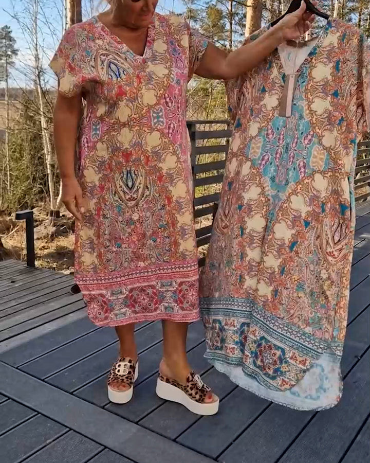 Robe Col En V Manches Courtes Imprimée Droite