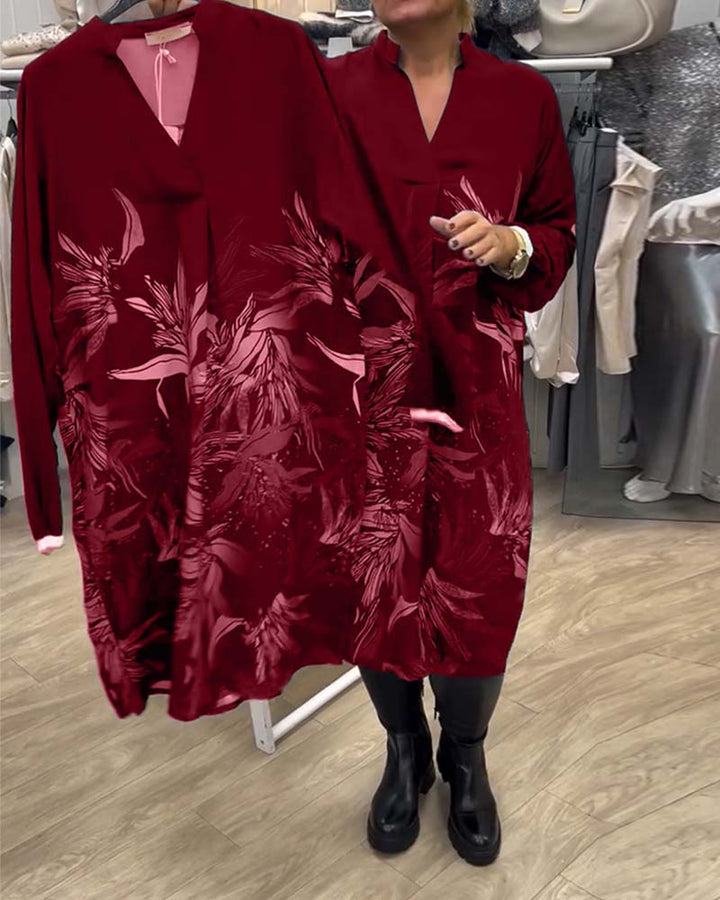 Robe Col V Imprimé Feuilles Manches Longues