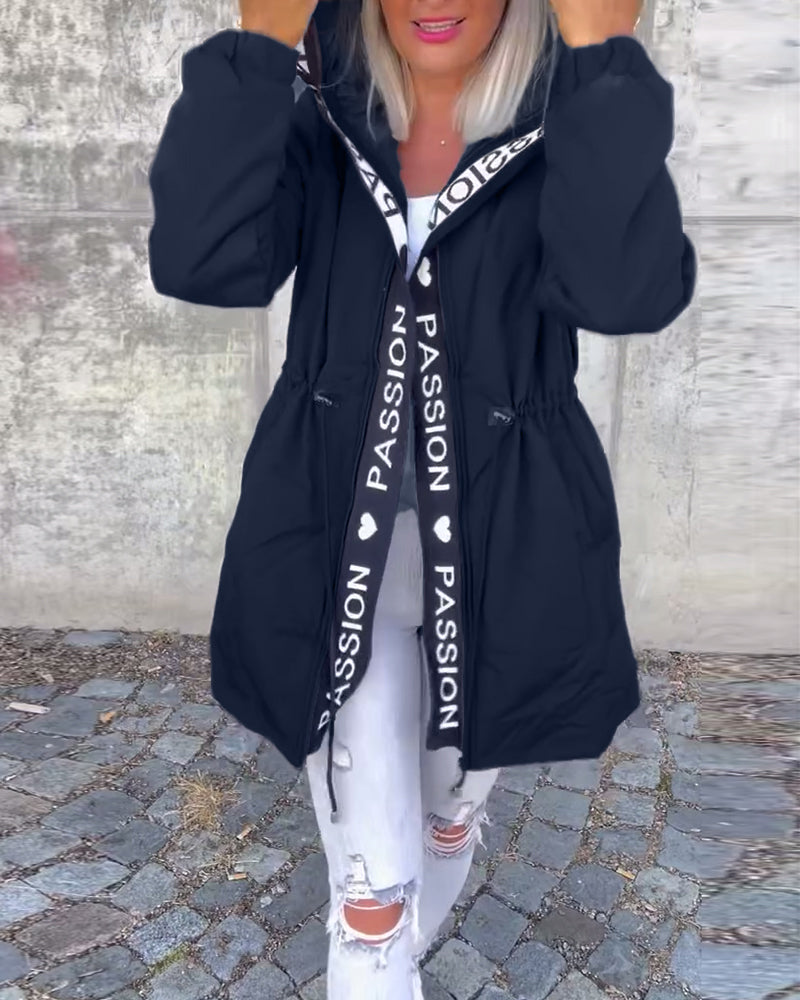 Manteau à capuche décontracté avec cordon de serrage et imprimé lettre