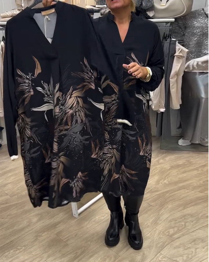Robe Col V Imprimé Feuilles Manches Longues
