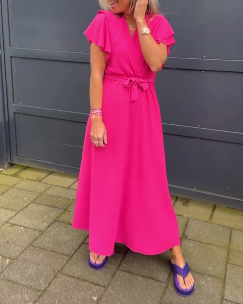 Robe longue de couleur unie à manches volantées et cravate