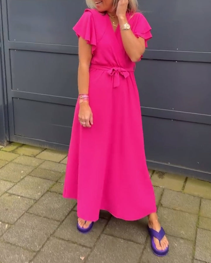 Robe longue de couleur unie à manches volantées et cravate