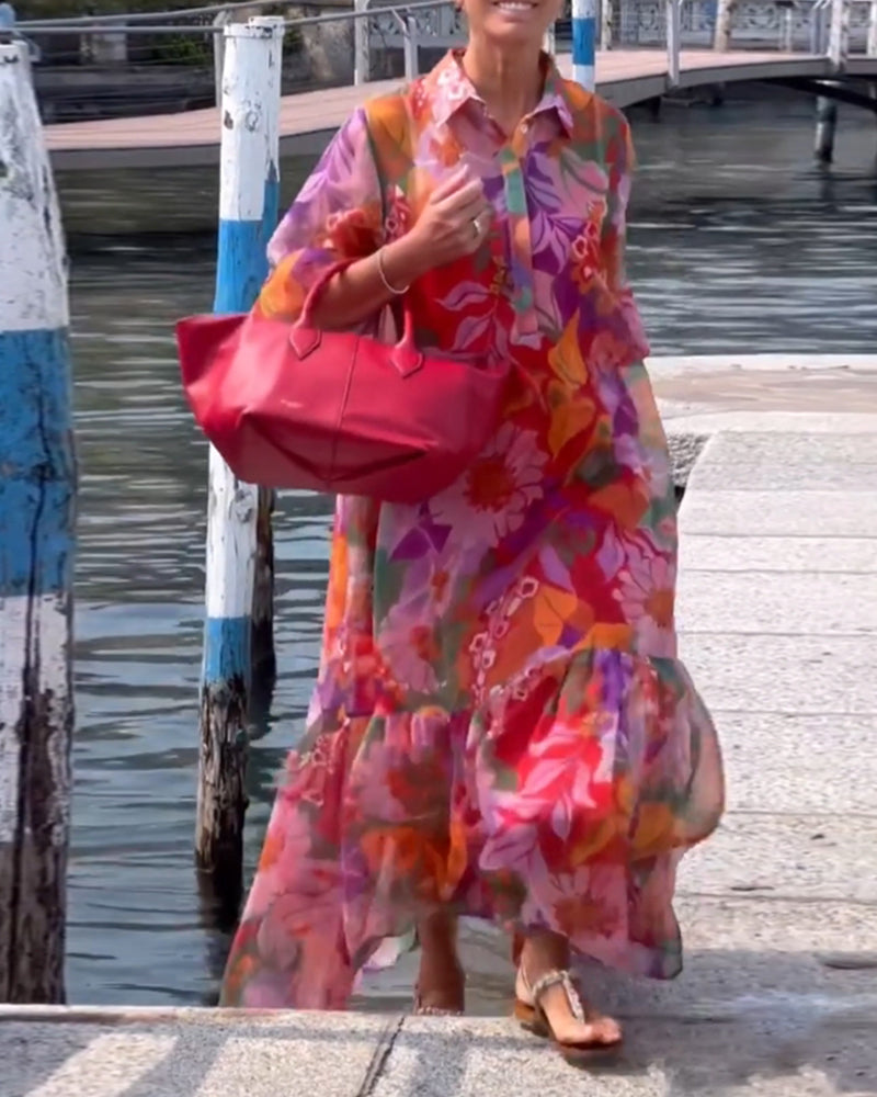 Robe Colorée Imprimée Manches Lanterne Ample