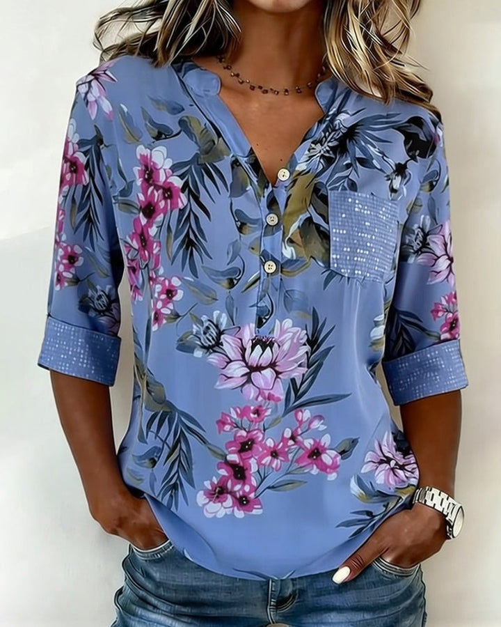 Blouse Col V Sequins Floral