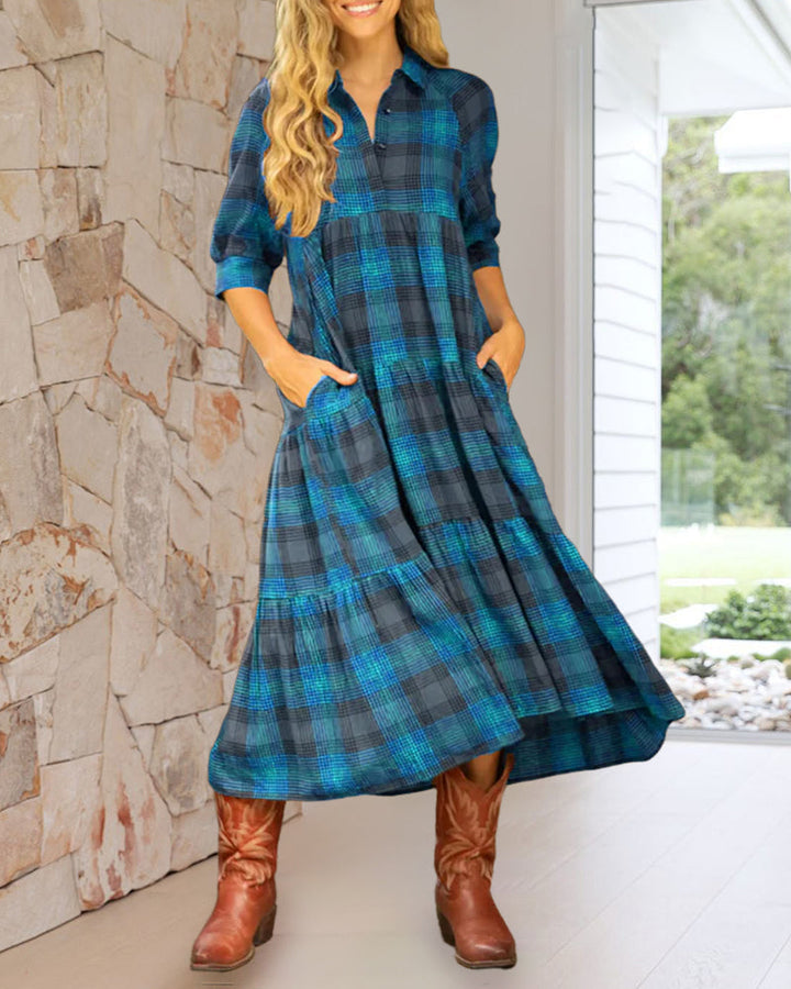 Robe À Revers Carreaux Manches Mi-Longues