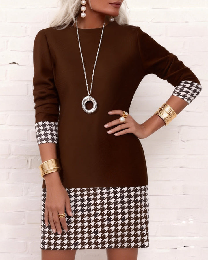 Robe Pied-de-poule Panneaux Manches Longues