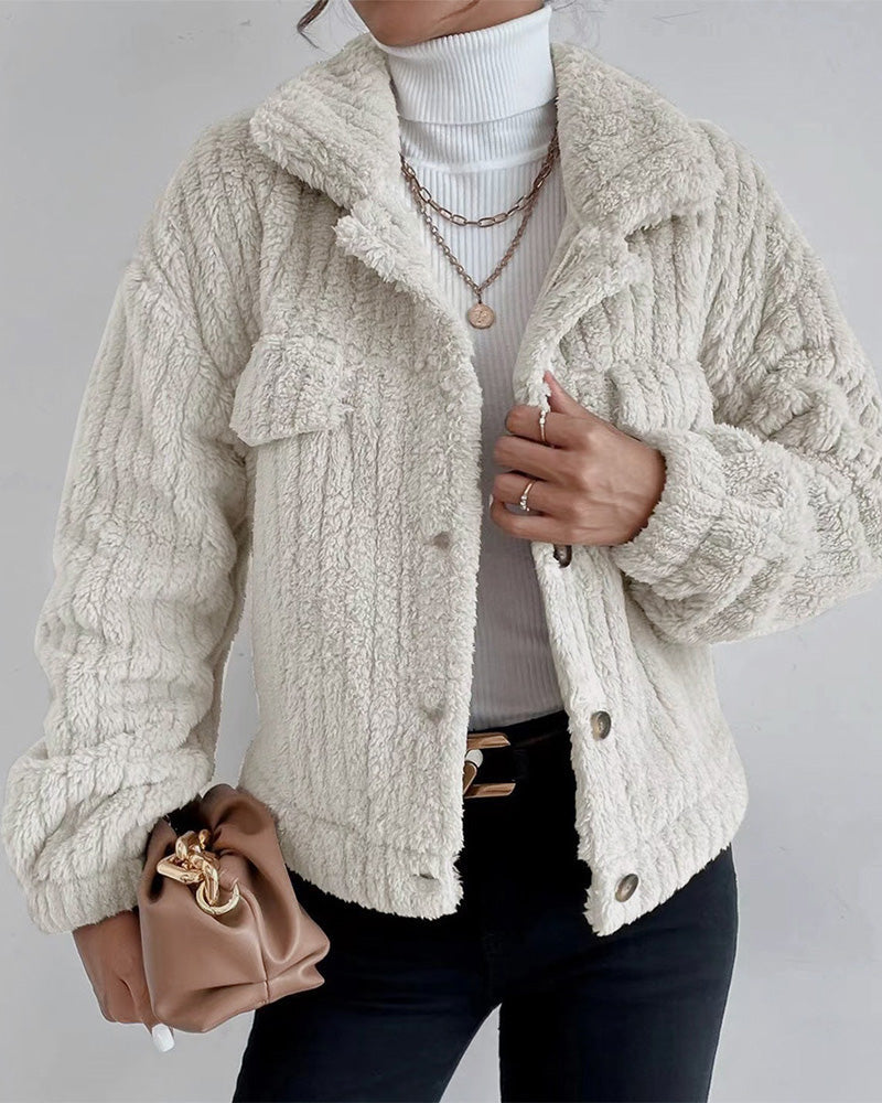 Manteau épais décontracté de couleur unie avec revers boutonné et manches longues