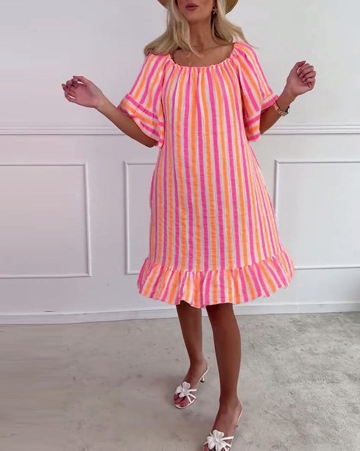 Robe Col Rond Rayée Plissée Coupe Droite