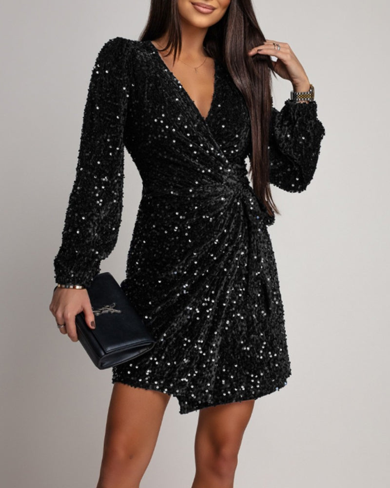 Robe À La Mode Séquence Col V Manches Lanterne