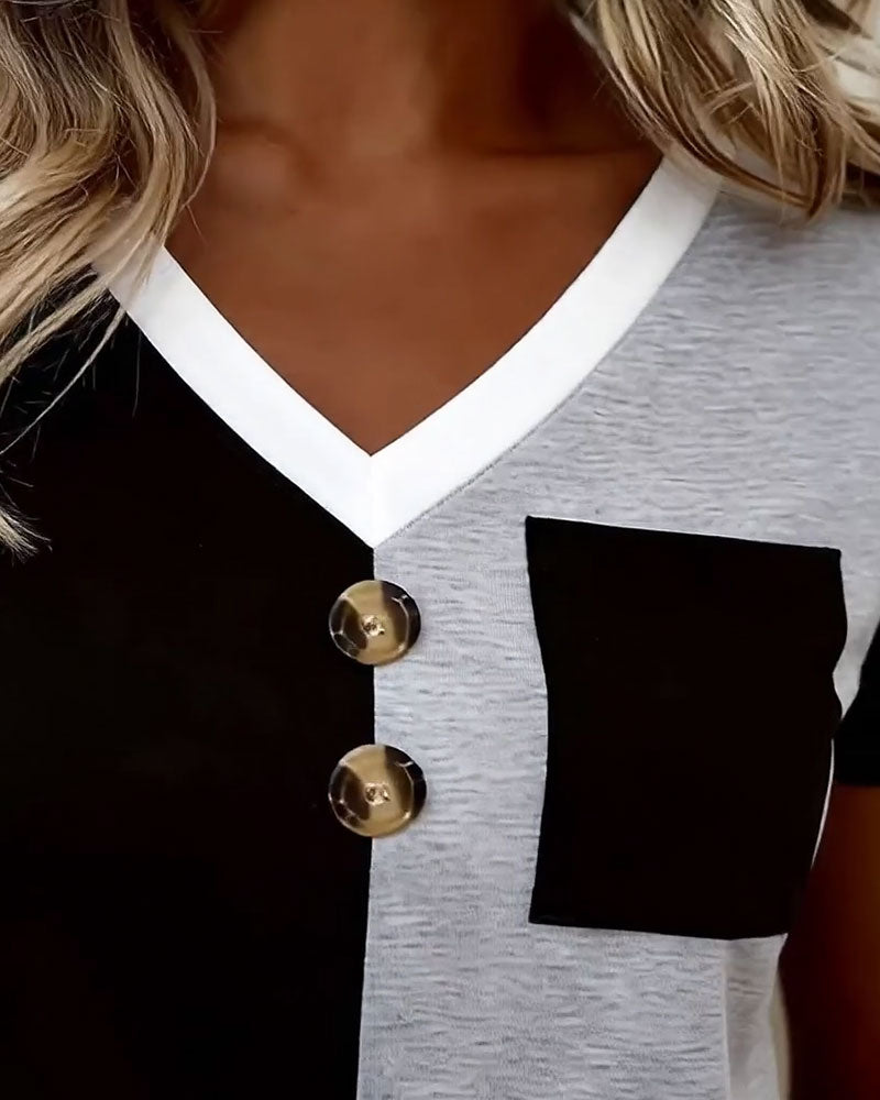 T-Shirt Col V Contraste Poche