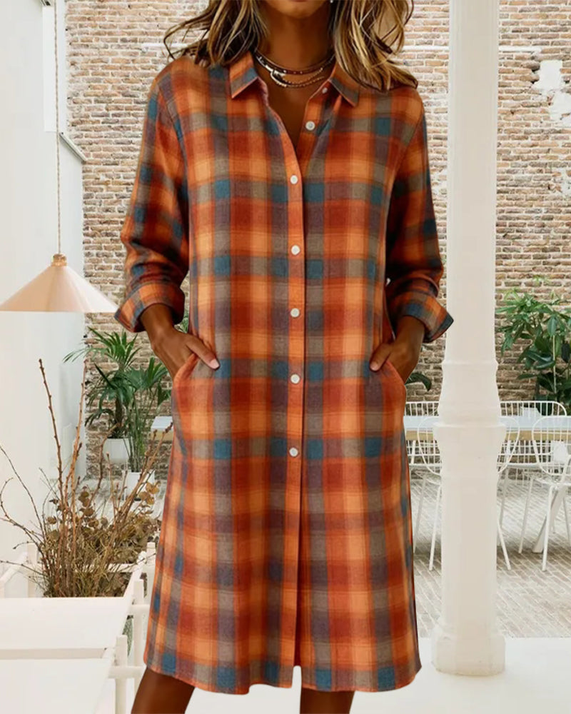 Robe Chemise À Carreaux Col Revers Boutonnée