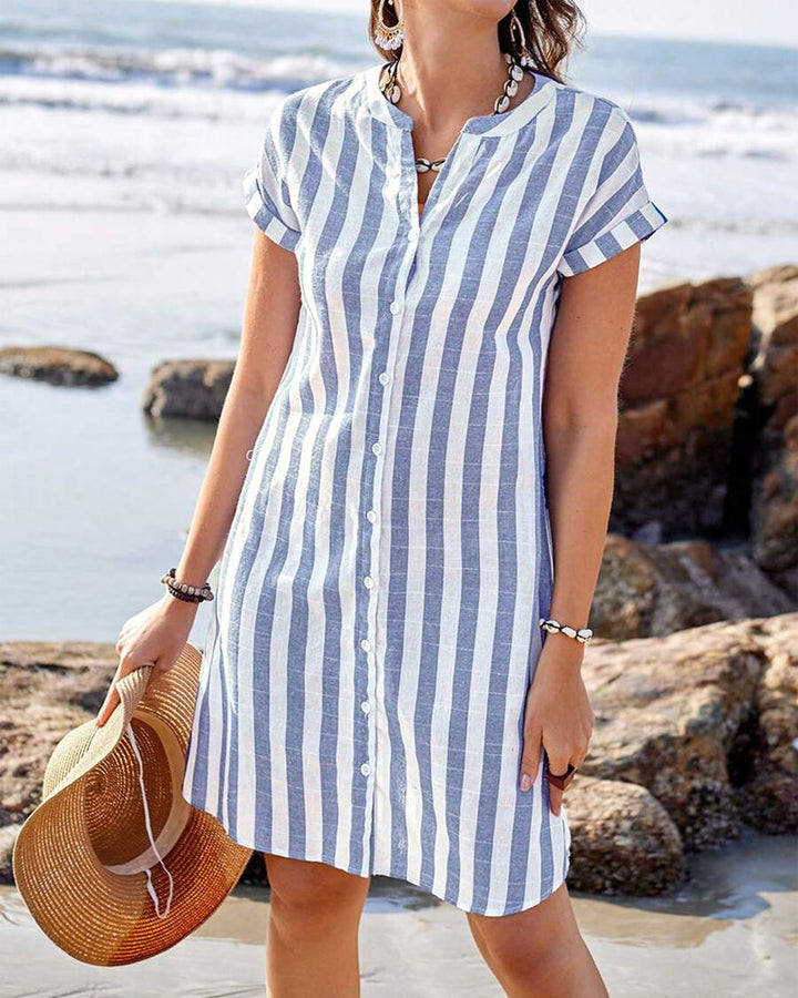 Robe Rayée En Coton Et Lin, Col Montant, Manches Courtes