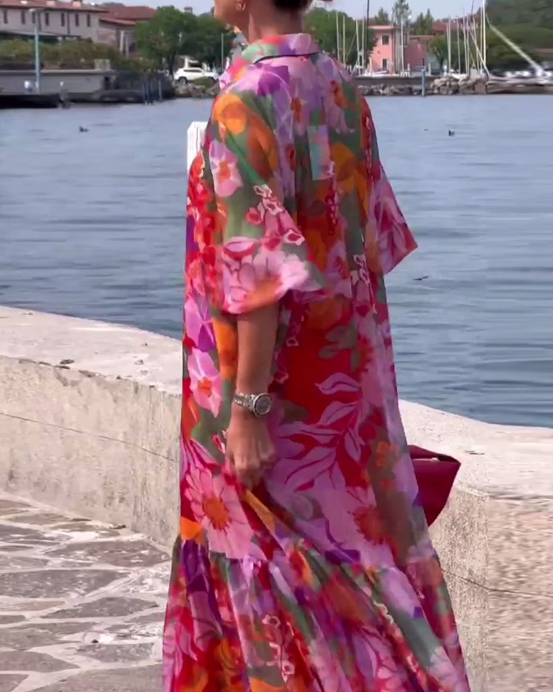 Robe Colorée Imprimée Manches Lanterne Ample