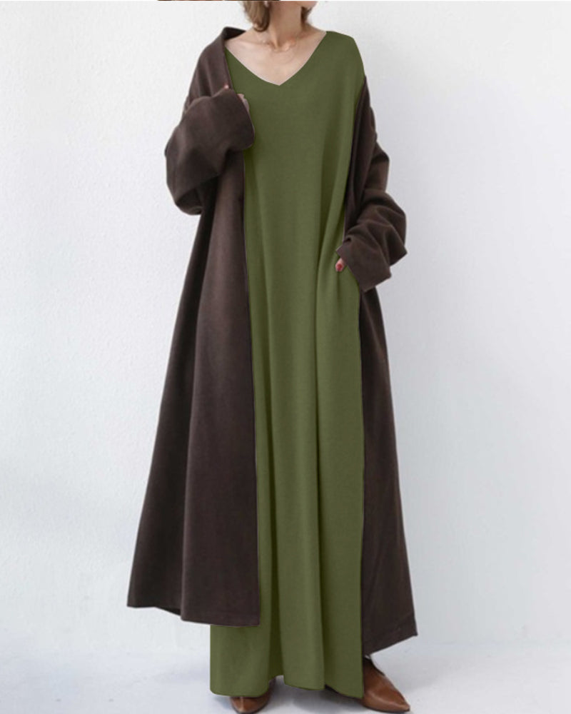 Robe trapèze à manches longues et col en V
