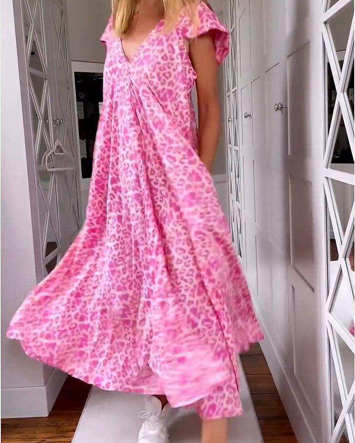 Robe longue col V en imprimé à manches courtes