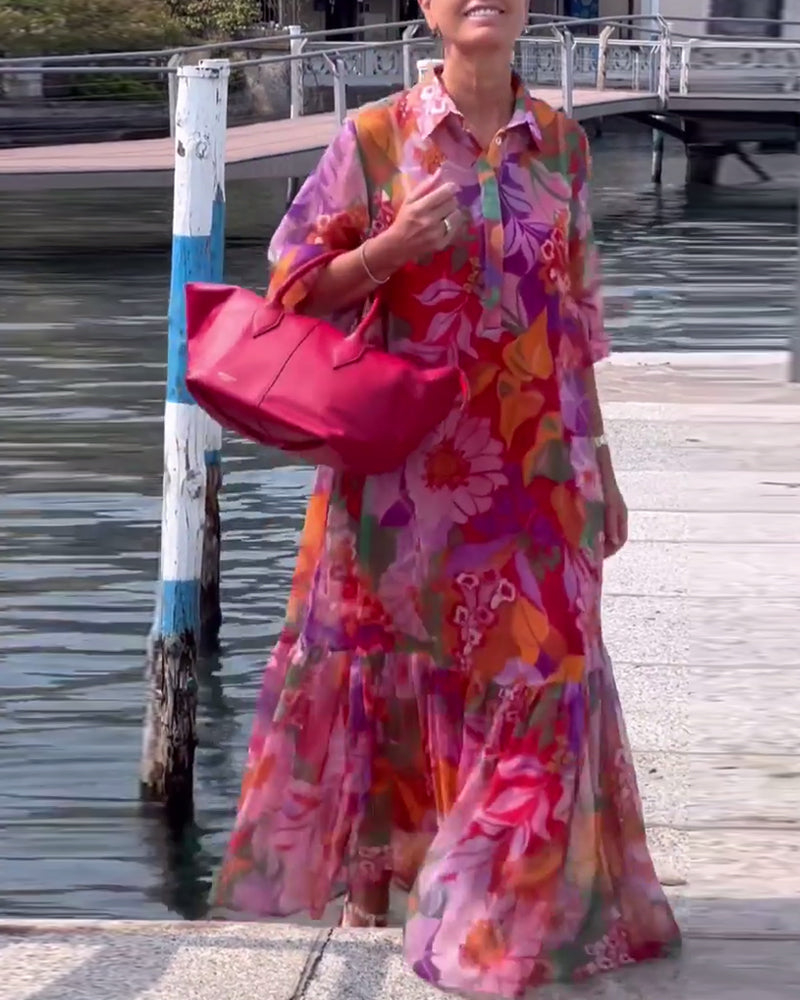 Robe Colorée Imprimée Manches Lanterne Ample