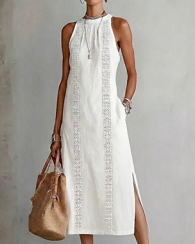Robe Sans Manches Dentelle Patchwork Lin Coton Midi